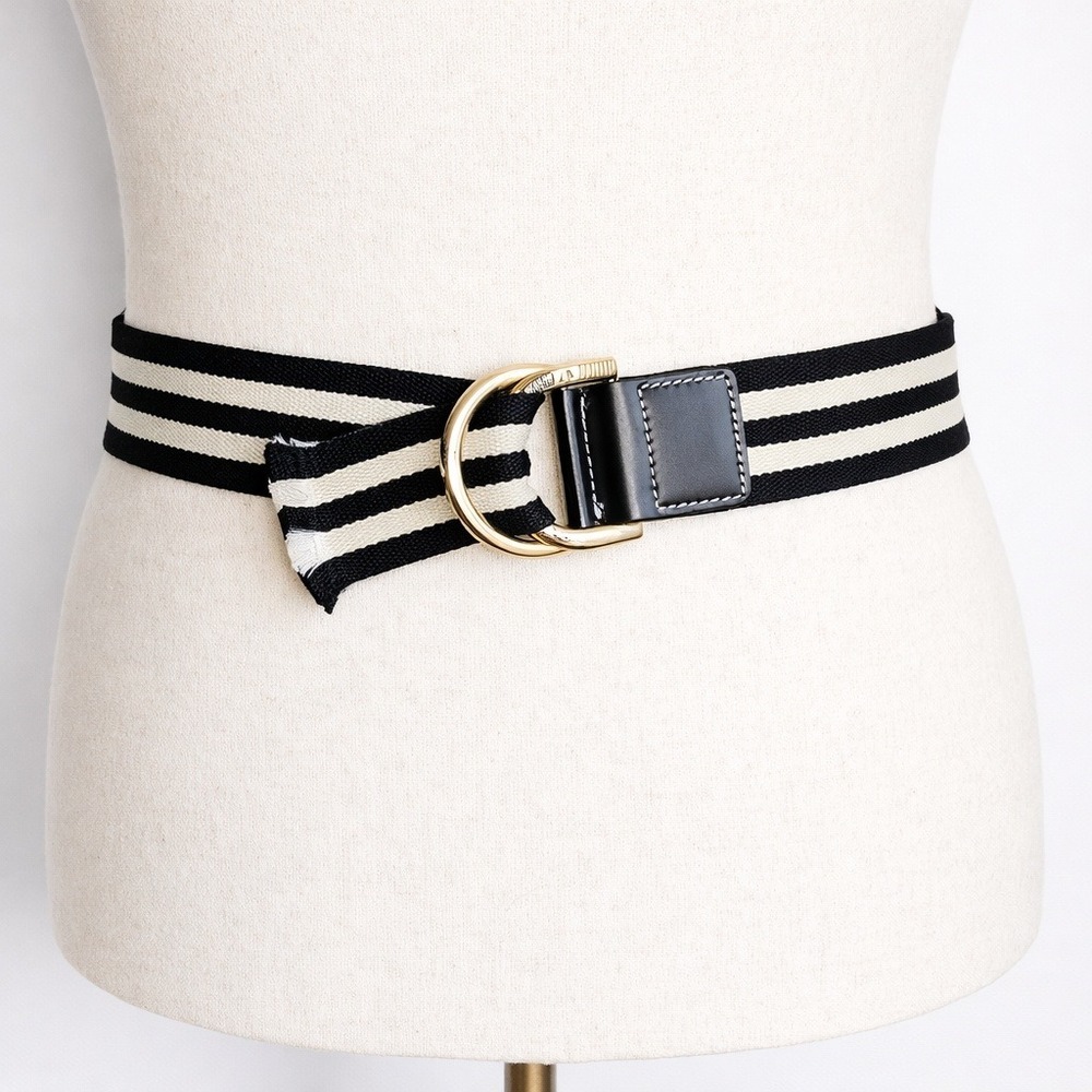 Victor Hugo Nautical Black Ivory Stripe Canvas D-Ring Leather Belt SZ 93 US 10
